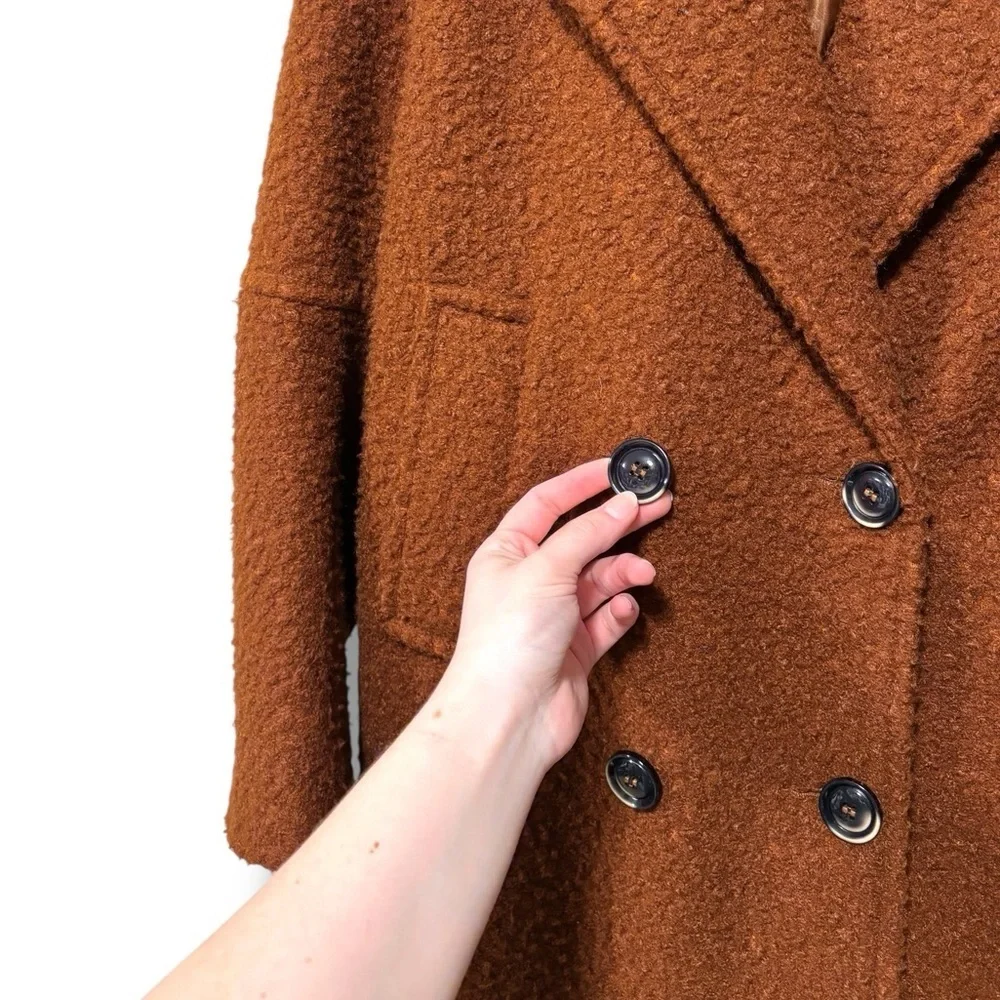 TOPSHOP Teddy Boucle Brown Double Breasted Collared Overcoat Size 8